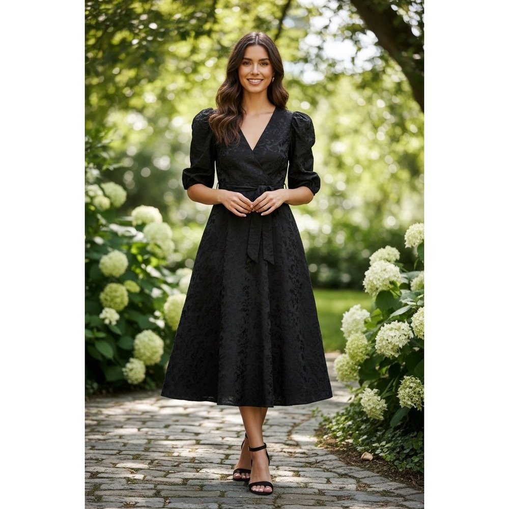 FRNCH Paris Noely Woven Dress Black Floral Jacquard Wrap Midi Medium NWT